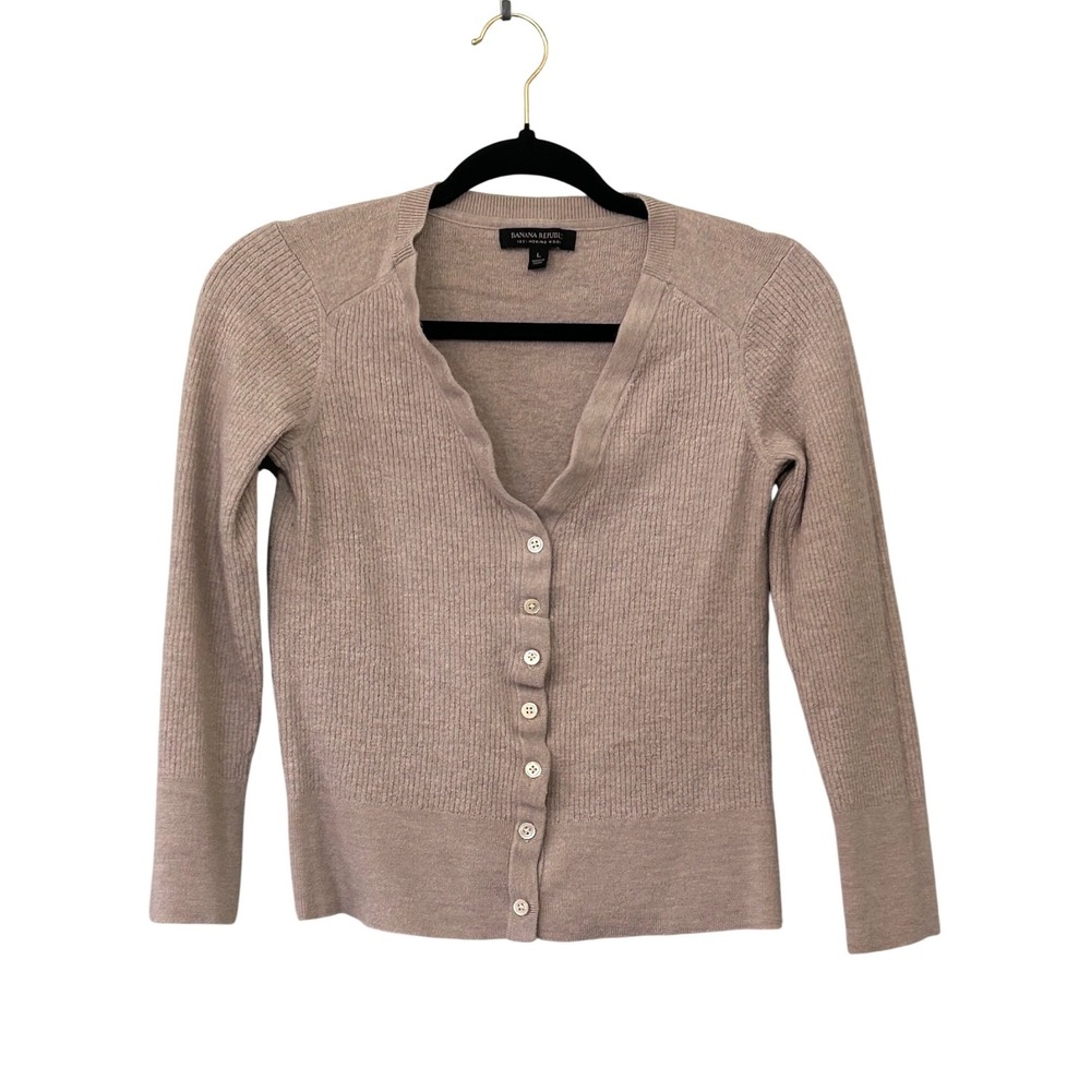 Banana Republic Beige Merino Wool Cardigan Sweater Womens M Ribbed V-Neck - Picture 8 of 9